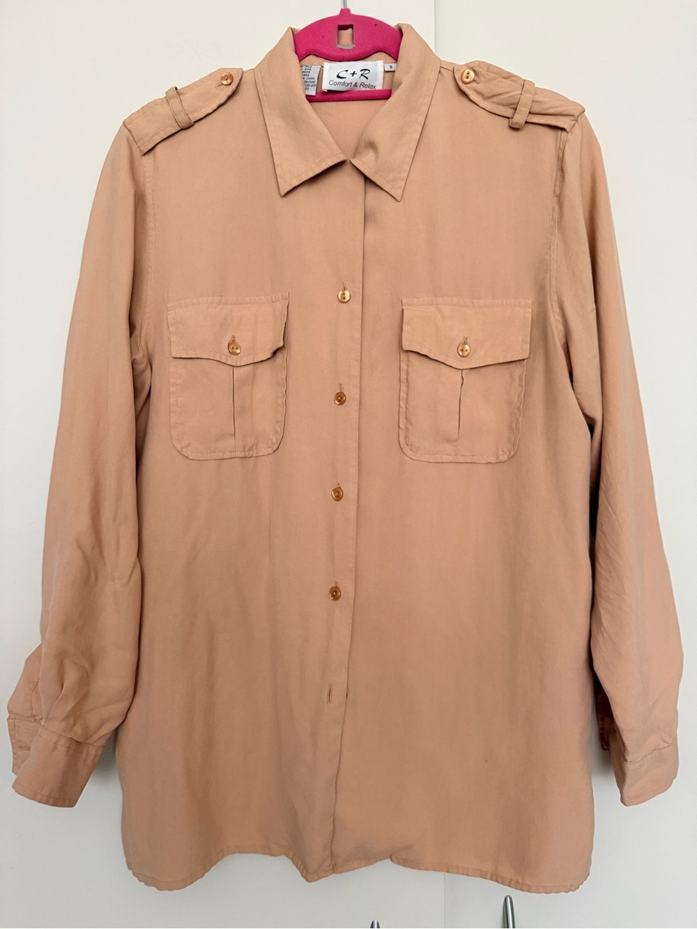 Vintage Silk Button-Down Safari Utility Shirt 8 M Nude Tan Beige